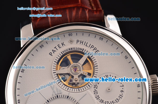 Patek Philippe Complications ST22 Automatic Steel Case with Brown Leather Strap and White Dial - Blue Hands - Click Image to Close